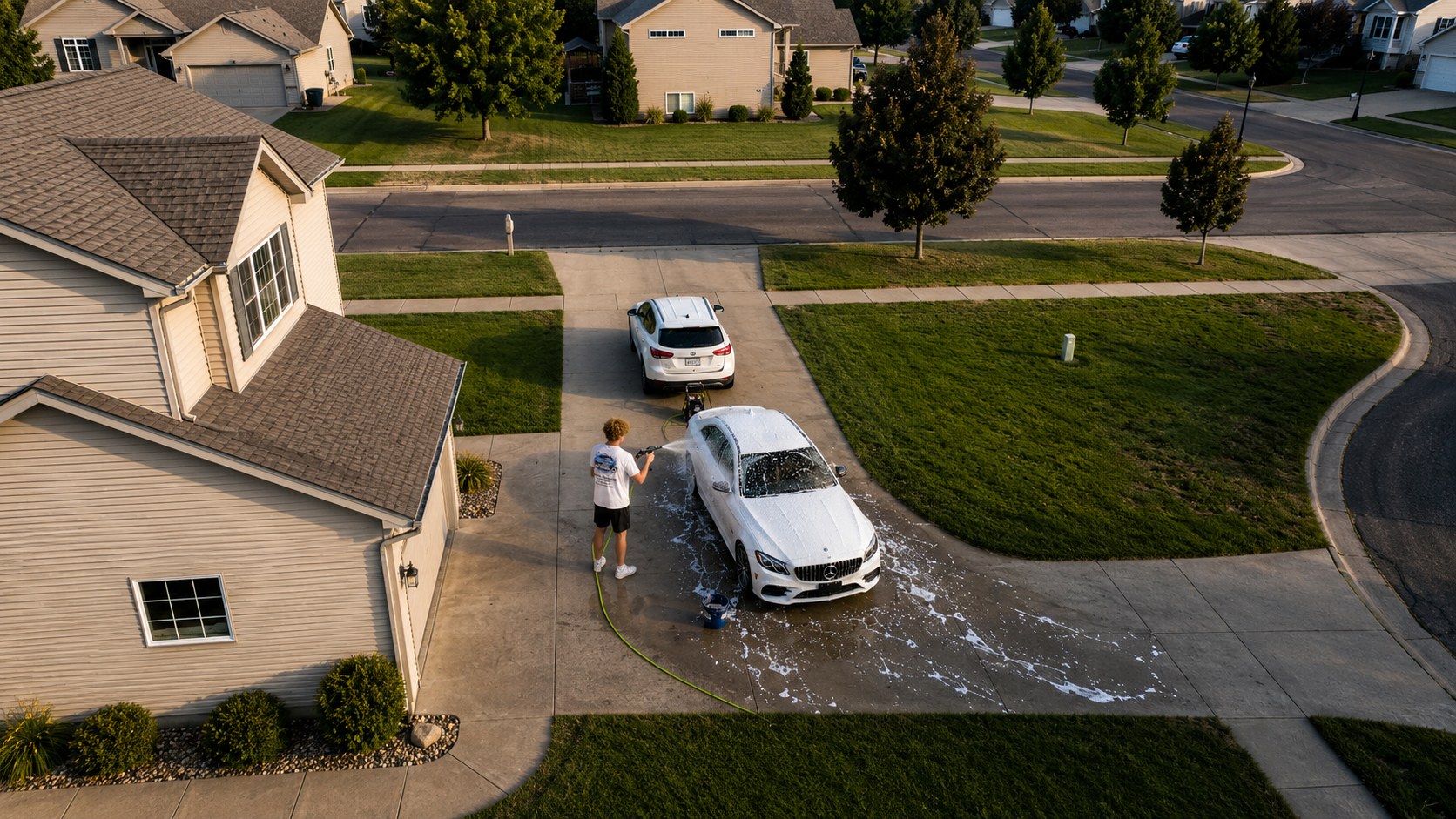Aerial shot of Mason hand-washing a white car in a Fargo driveway — PureGlo mobile detailing service.